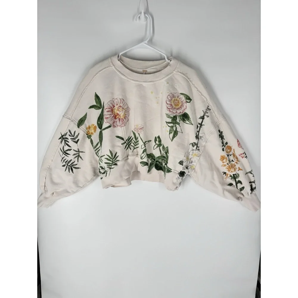 FREE PEOPLE Gaia Floral Sweatshirt XS Oversized Garden Boho Forest Fairy